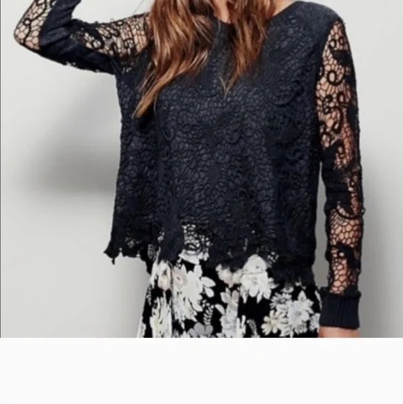 Free People “Pretty Rad” Sweater Gray Lace Crochet Split Back - Picture 2 of 8